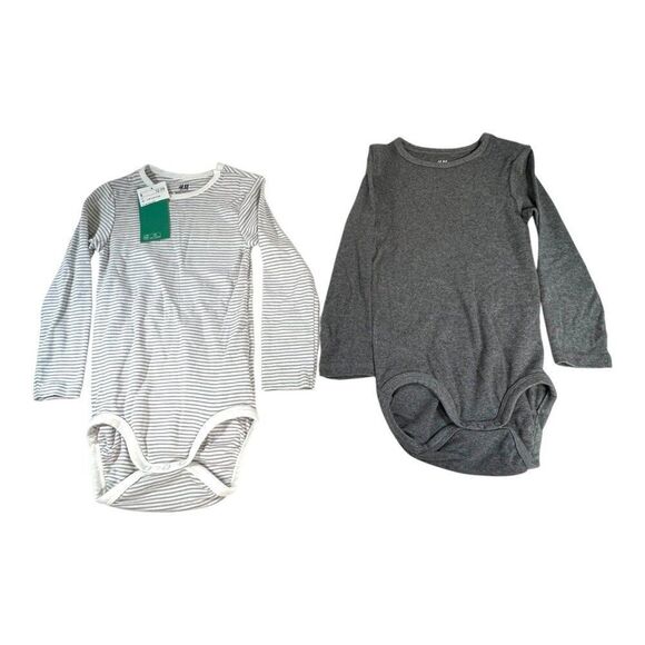 H&M Baby Long Sleeve Bodysuit 2-Pack Organic Cotton 18-24m Gray & White Striped - Picture 1 of 5